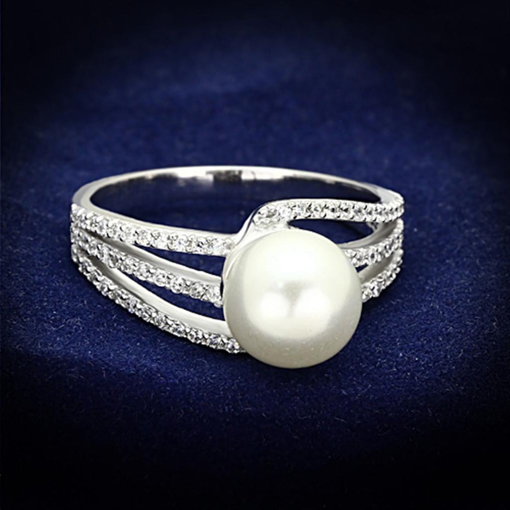 JCE170 Rhodium 925 Sterling Silver Ring with Synthetic Pearl in White