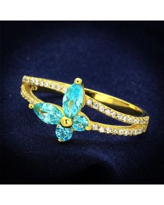 JCE249 Gold 925 Sterling Silver Ring with AAA Grade CZ  in Sea Blue