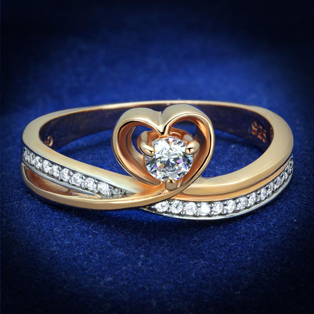 JCE544 Rose Gold + Rhodium 925 Sterling Silver Ring with AAA Grade CZ  in Clear