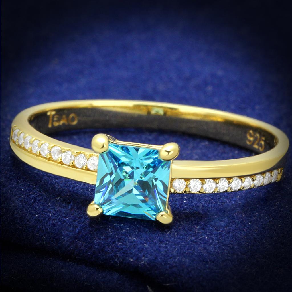 JCE559 Gold 925 Sterling Silver Ring with AAA Grade CZ  in Sea Blue