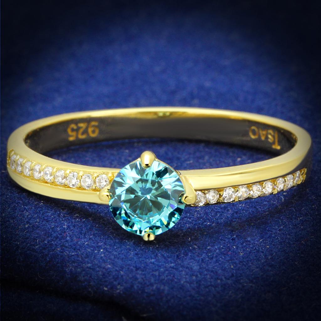 JCE561 Gold 925 Sterling Silver Ring with AAA Grade CZ  in Sea Blue