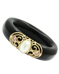JCE032 IP Gold(Ion Plating) Brass Bangle with Synthetic Pearl in White