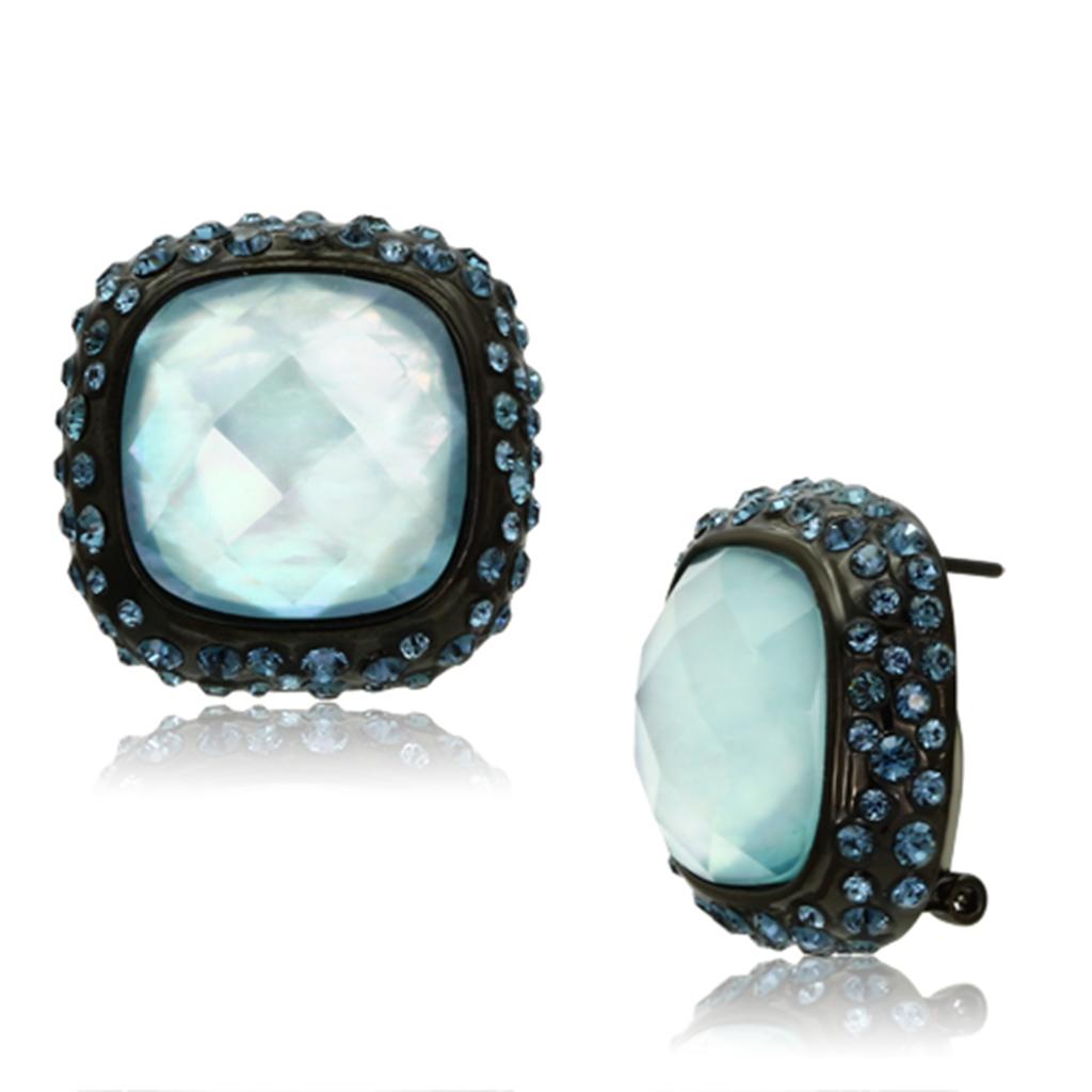 JCE065 IP Black(Ion Plating) Brass Earrings with Synthetic Synthetic Glass in Sea Blue